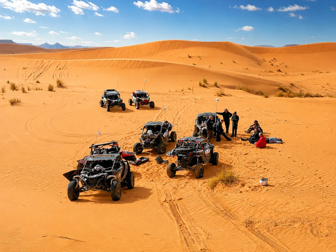 Grupa Can-Am Maverick X3 na wydmach Erg Chebbi podczas rajdu SSV Voyage Venture w Maroku